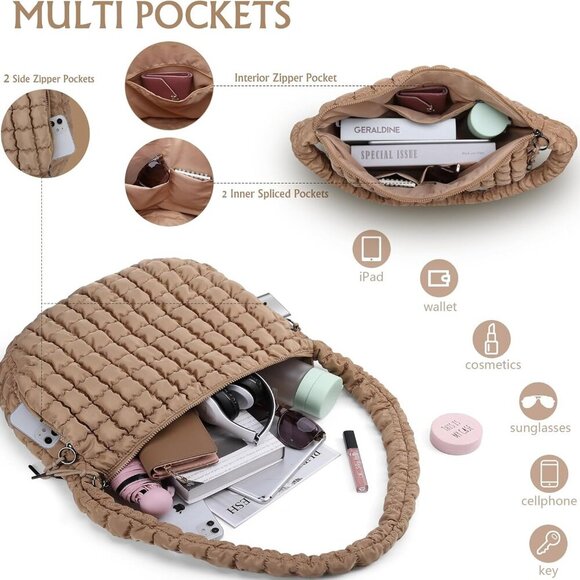 Puffer Tote Bag for Women, Hobo Bag Large Quilted Carryall Bag Soft Puffy Crossb - Picture 5 of 7
